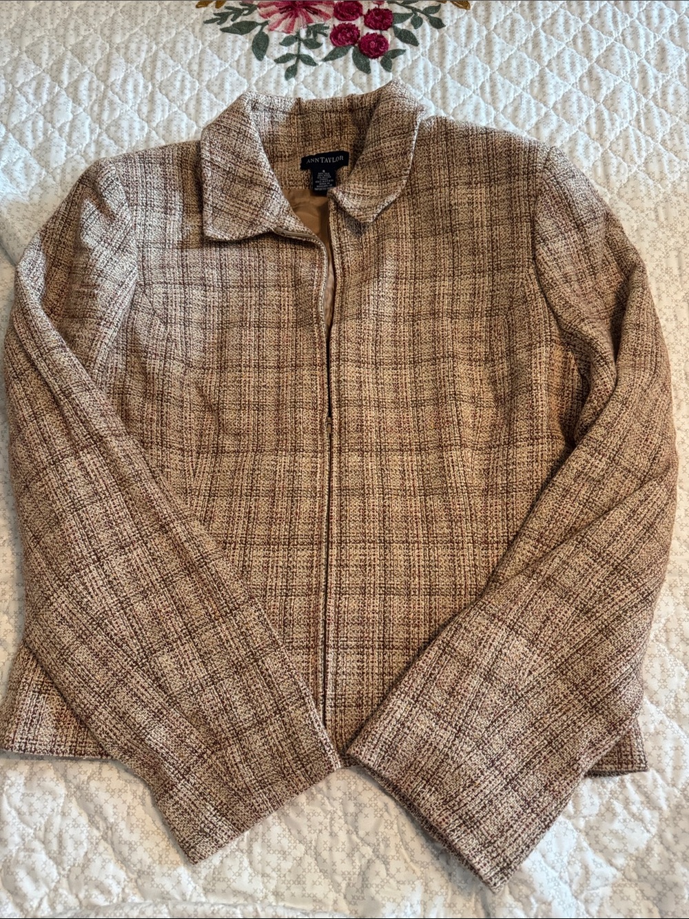 Vintage Ann Taylor Tweed Plaid Silk Wool Blend Zip-Up Blazer